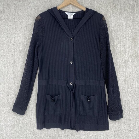 Exclusively Misook Sweater Womens XS Black Cardigan Button Hoodede Pocket Belted - Picture 2 of 9